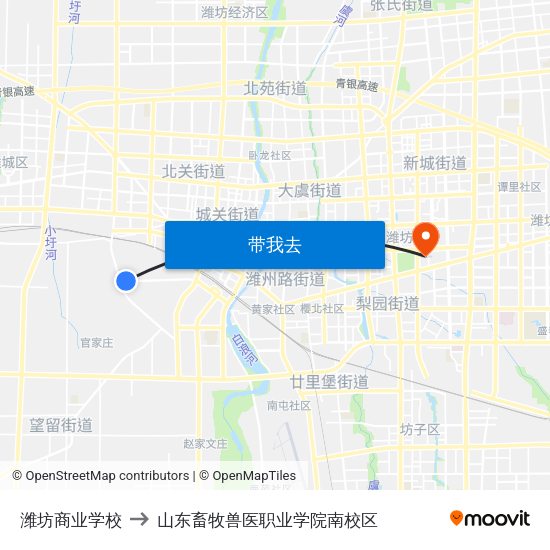 潍坊商业学校 to 山东畜牧兽医职业学院南校区 map