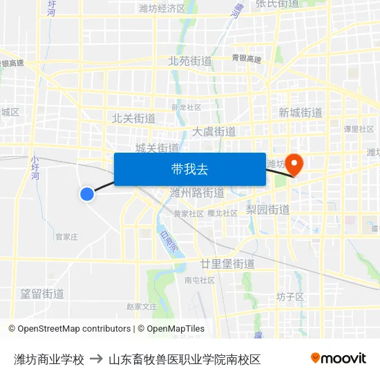 潍坊商业学校 to 山东畜牧兽医职业学院南校区 map