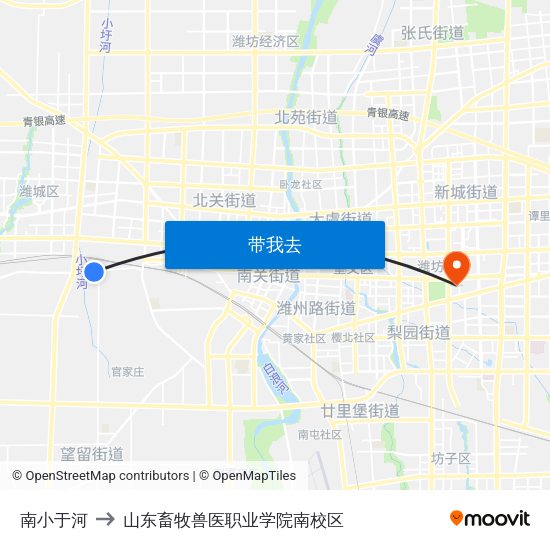 南小于河 to 山东畜牧兽医职业学院南校区 map