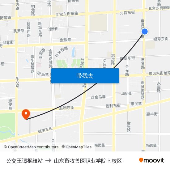 公交王谭枢纽站 to 山东畜牧兽医职业学院南校区 map