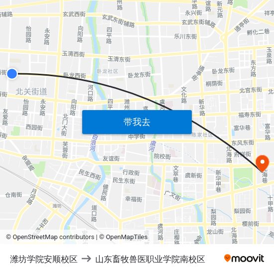 潍坊学院安顺校区 to 山东畜牧兽医职业学院南校区 map