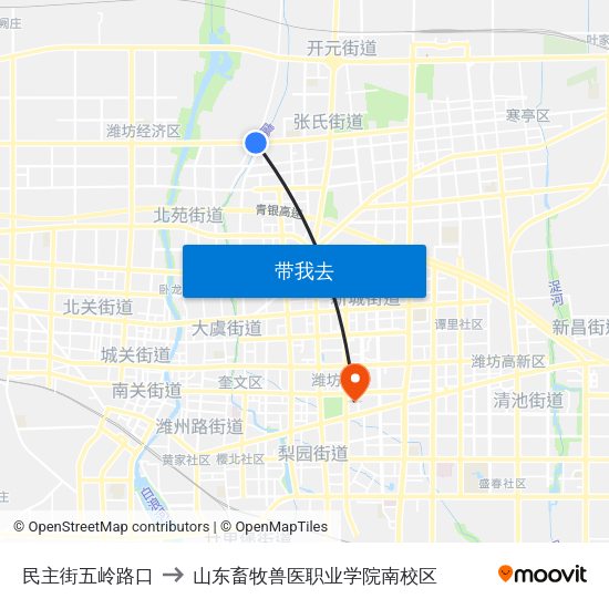 民主街五岭路口 to 山东畜牧兽医职业学院南校区 map