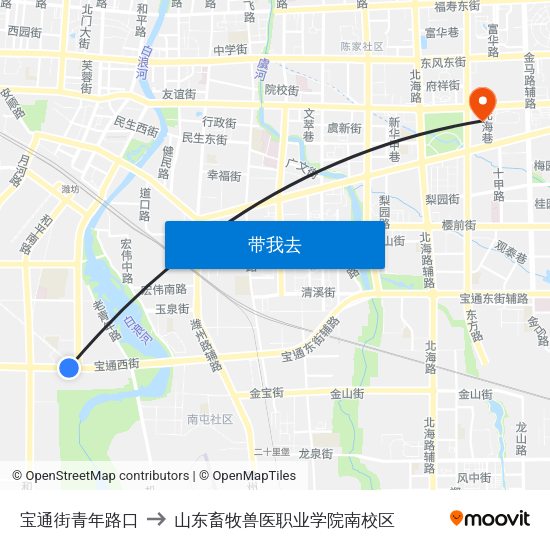 宝通街青年路口 to 山东畜牧兽医职业学院南校区 map