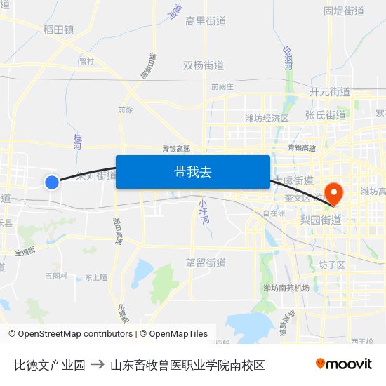 比德文产业园 to 山东畜牧兽医职业学院南校区 map