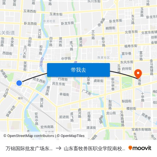 万锦国际批发广场东门 to 山东畜牧兽医职业学院南校区 map