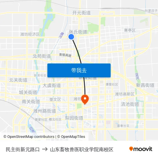 民主街新元路口 to 山东畜牧兽医职业学院南校区 map