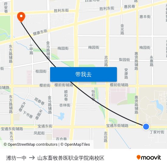 潍坊一中 to 山东畜牧兽医职业学院南校区 map