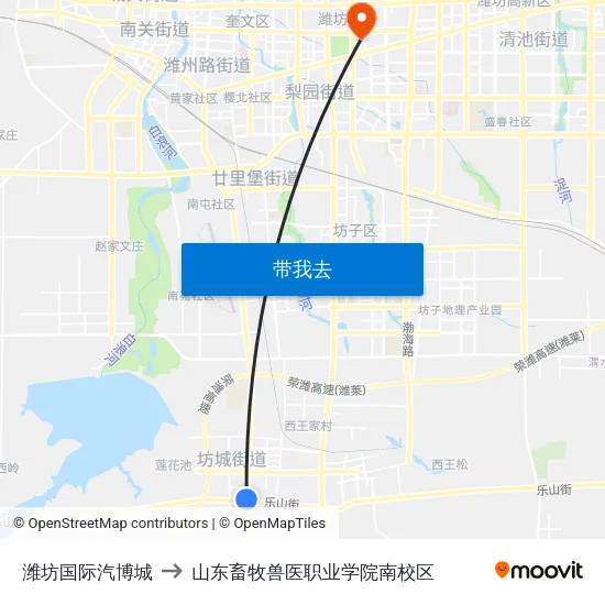 潍坊国际汽博城 to 山东畜牧兽医职业学院南校区 map