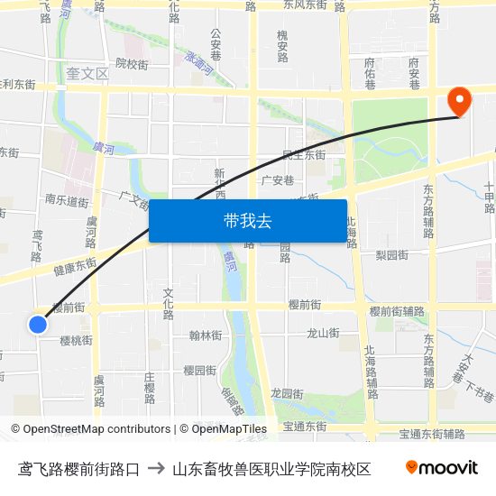 鸢飞路樱前街路口 to 山东畜牧兽医职业学院南校区 map