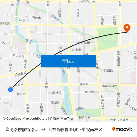 鸢飞路樱前街路口 to 山东畜牧兽医职业学院南校区 map