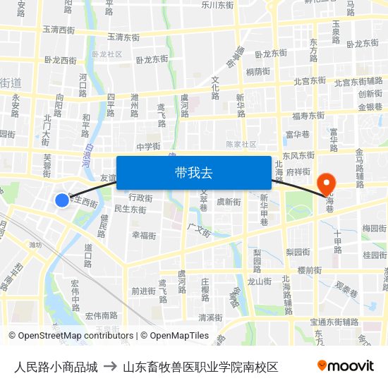 人民路小商品城 to 山东畜牧兽医职业学院南校区 map