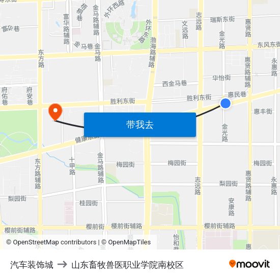 汽车装饰城 to 山东畜牧兽医职业学院南校区 map