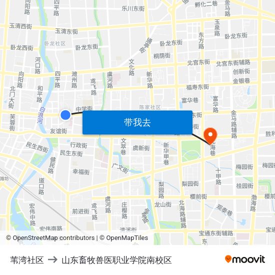 苇湾社区 to 山东畜牧兽医职业学院南校区 map