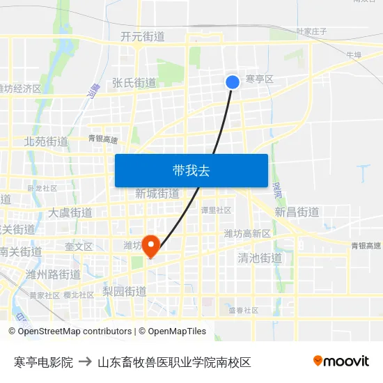 寒亭电影院 to 山东畜牧兽医职业学院南校区 map