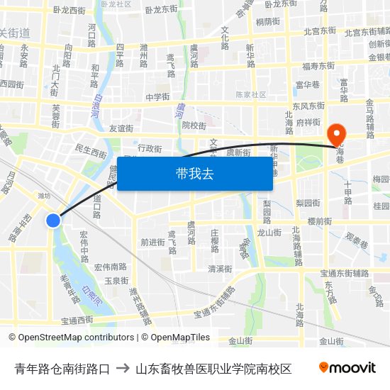 青年路仓南街路口 to 山东畜牧兽医职业学院南校区 map