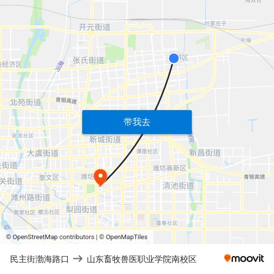 民主街渤海路口 to 山东畜牧兽医职业学院南校区 map