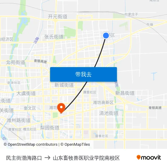 民主街渤海路口 to 山东畜牧兽医职业学院南校区 map