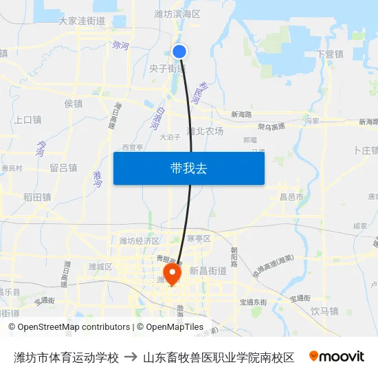 潍坊市体育运动学校 to 山东畜牧兽医职业学院南校区 map