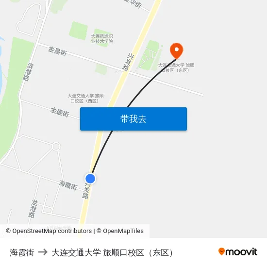 海霞街 to 大连交通大学 旅顺口校区（东区） map