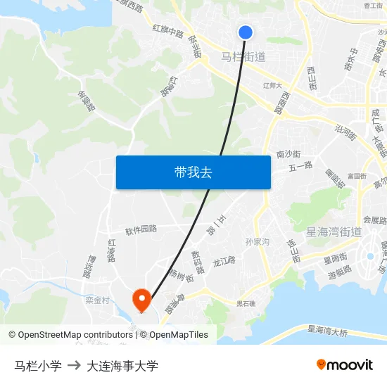 马栏小学 to 大连海事大学 map
