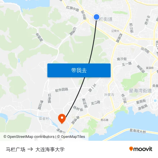 马栏广场 to 大连海事大学 map