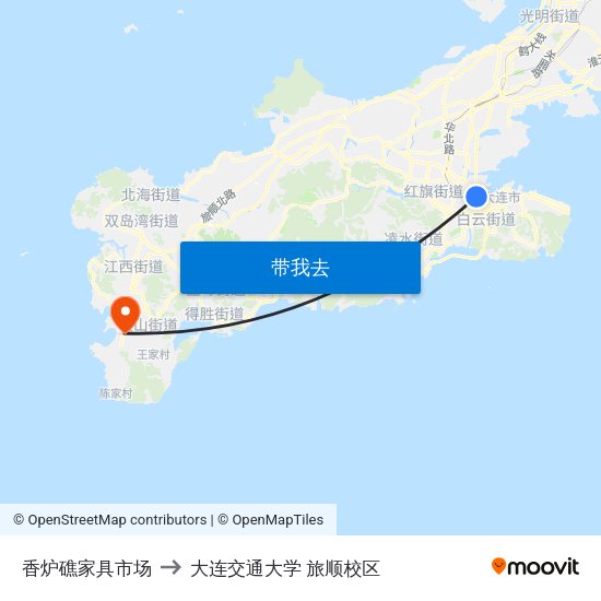 香炉礁家具市场 to 大连交通大学 旅顺校区 map