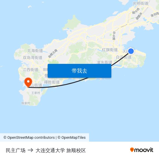 民主广场 to 大连交通大学 旅顺校区 map