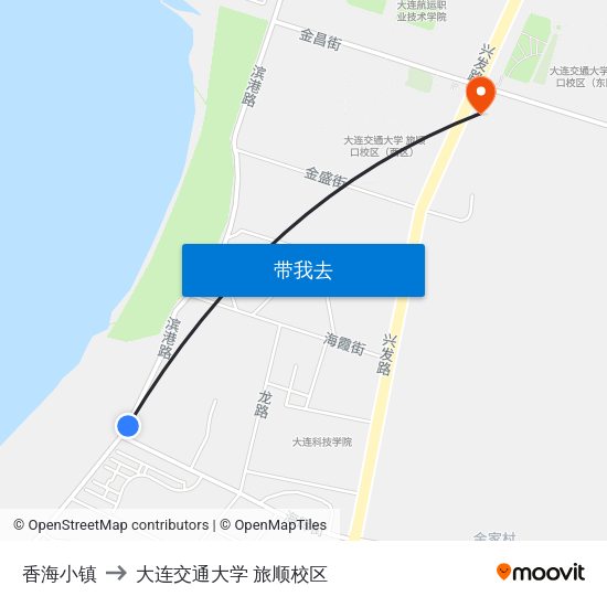 香海小镇 to 大连交通大学 旅顺校区 map