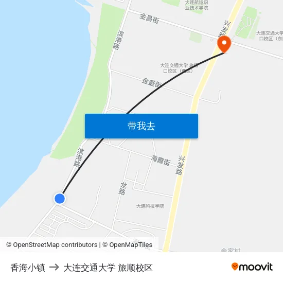 香海小镇 to 大连交通大学 旅顺校区 map