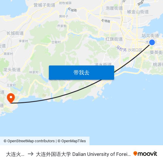 大连火车站 to 大连外国语大学 Dalian University of Foreign Languages map