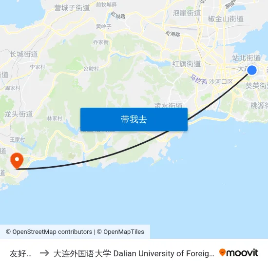 友好广场 to 大连外国语大学 Dalian University of Foreign Languages map