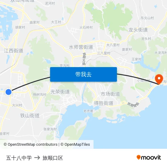 五十八中学 to 旅顺口区 map