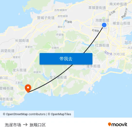 泡崖市场 to 旅顺口区 map