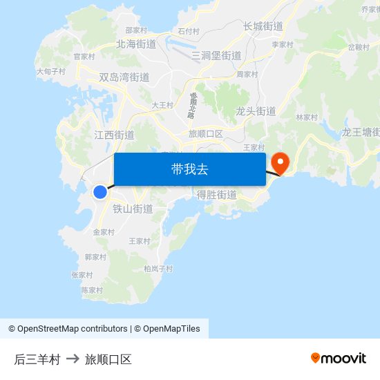 后三羊村 to 旅顺口区 map