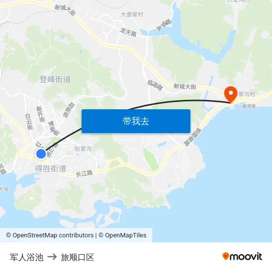 军人浴池 to 旅顺口区 map