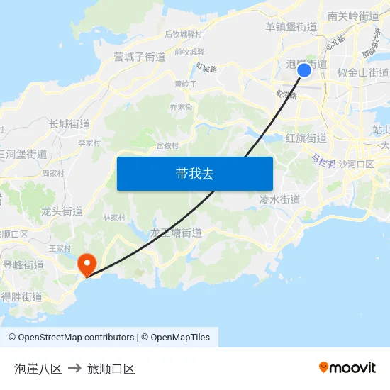 泡崖八区 to 旅顺口区 map