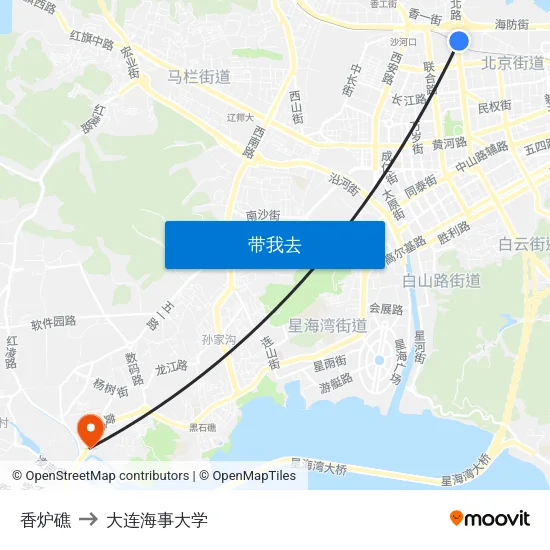 香炉礁 to 大连海事大学 map
