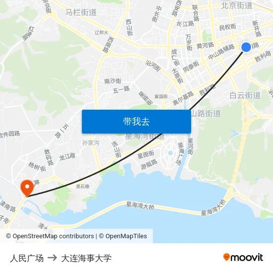 人民广场 to 大连海事大学 map