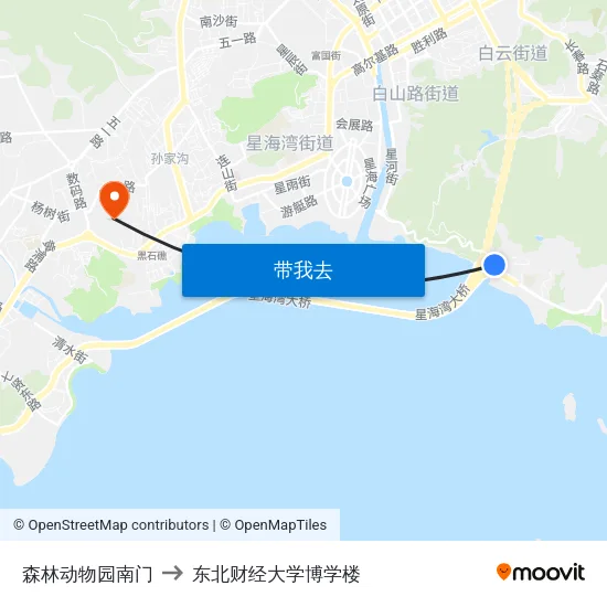 森林动物园南门 to 东北财经大学博学楼 map
