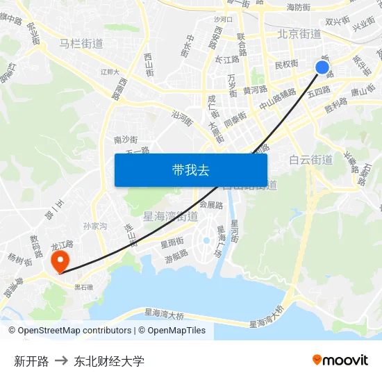 新开路 to 东北财经大学 map