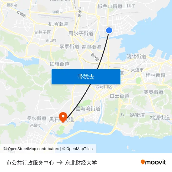 市公共行政服务中心 to 东北财经大学 map