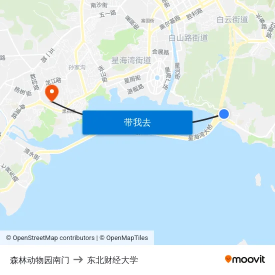 森林动物园南门 to 东北财经大学 map