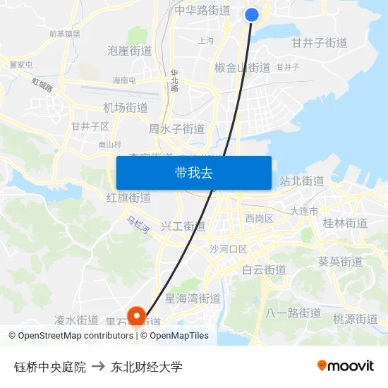 钰桥中央庭院 to 东北财经大学 map