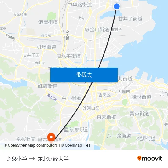 龙泉小学 to 东北财经大学 map