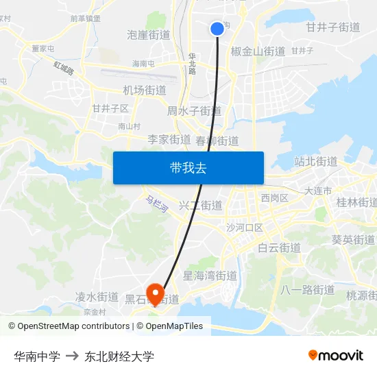 华南中学 to 东北财经大学 map