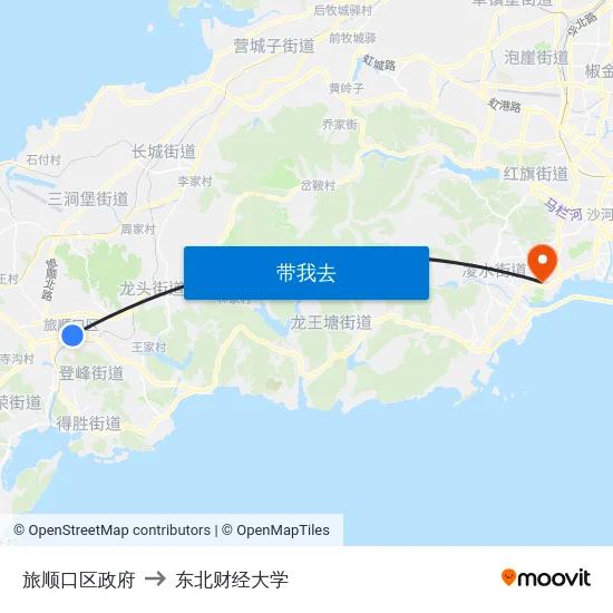 旅顺口区政府 to 东北财经大学 map