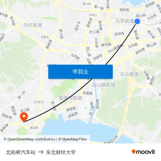 北岗桥汽车站 to 东北财经大学 map