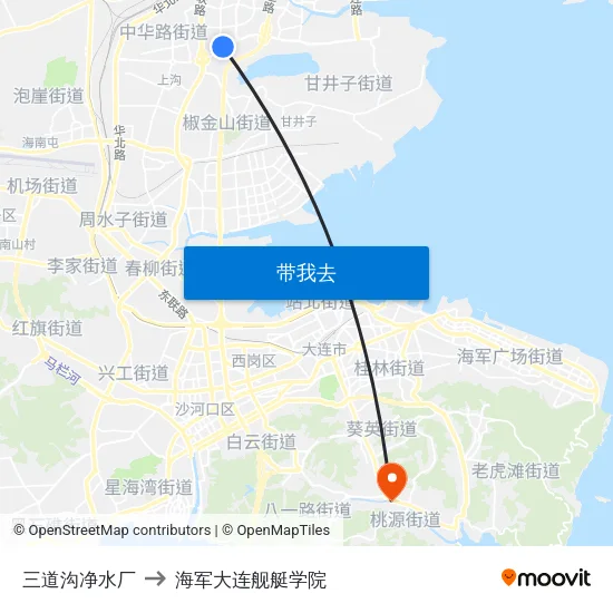 三道沟净水厂 to 海军大连舰艇学院 map