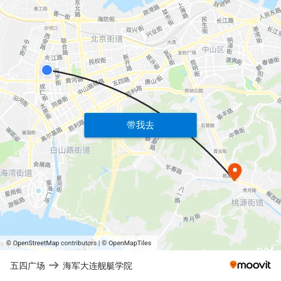 五四广场 to 海军大连舰艇学院 map
