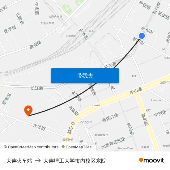 大连火车站 to 大连理工大学市内校区东院 map